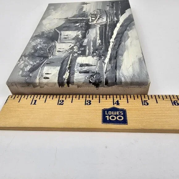 Vintage Painting Canvas Signed Small Water Scene Harbor Boat Landscape Grayscale - Picture 7 of 10
